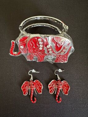 Red Enamel Coated Crystal Accented Elephant Statement Earrings Set
